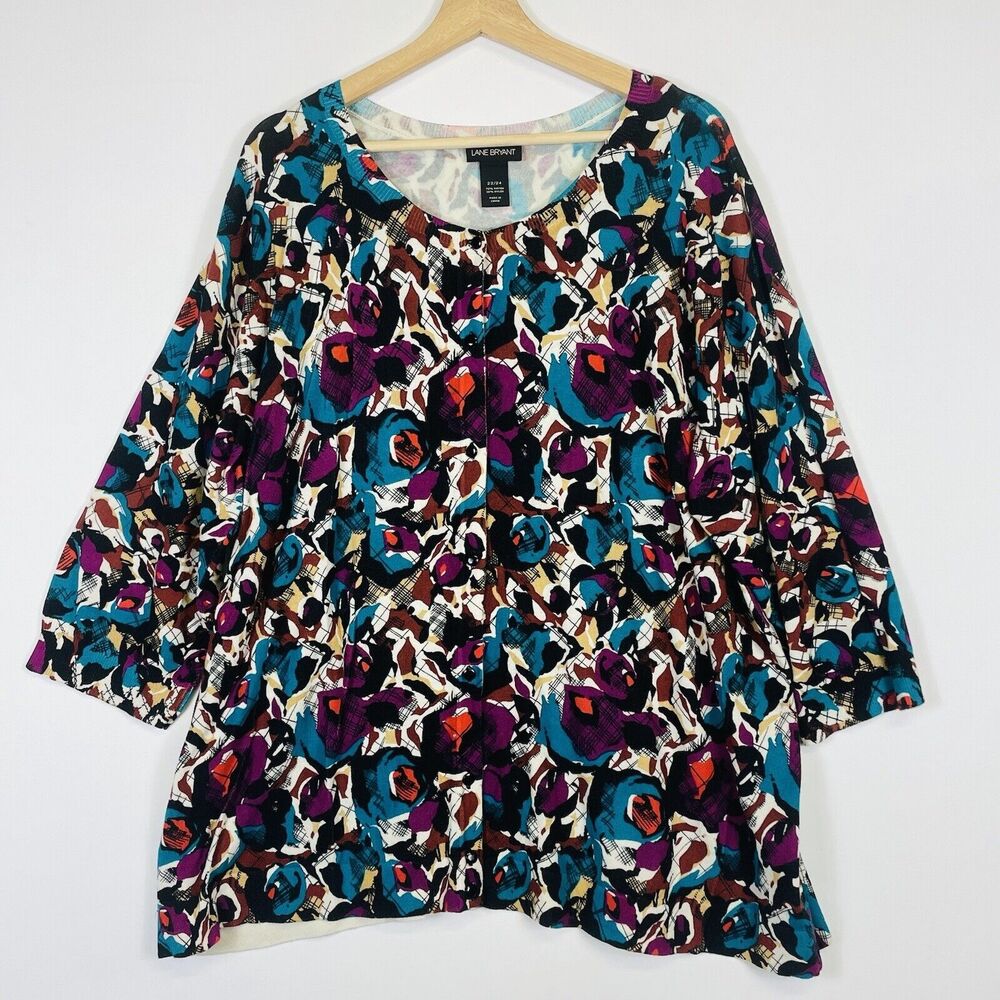 Lane Bryant  Cardigan Sweater Womens 22 24 Teal‎ Purple Brush Strokes Artsy Bold
